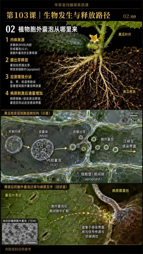 第103课 | 生物发生与释放路径（释放后的胞外襄泡迁移与病原互作（冠状面））｜华昇金玛植保系统课技术图