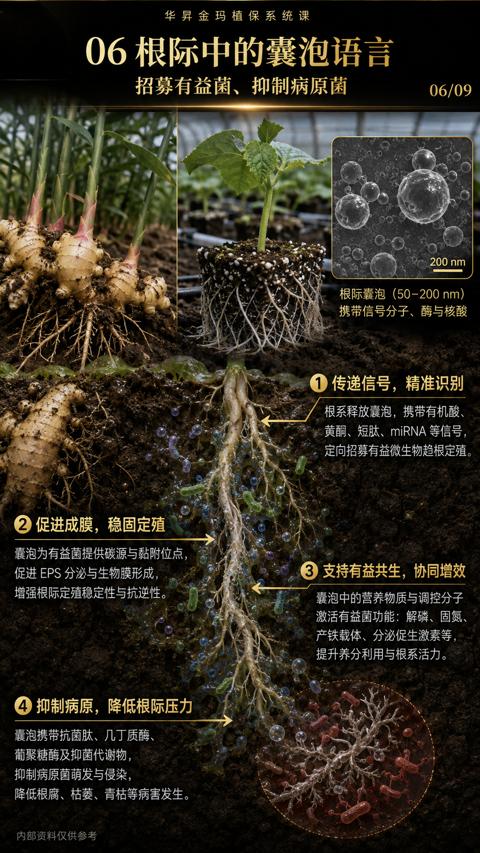 06根际中的囊泡语言（囊泡为有益菌提供碳源与黏附位点）｜华昇金玛植保系统课技术图