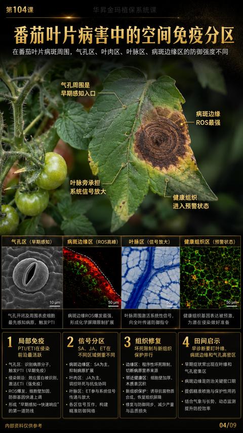 番茄叶片病害中的空间免疫分区（在番茄叶片病斑周围，气孔区、叶肉区、叶脉区、病斑边缘区的防御强度不同）｜华昇金玛植保系统课技术图