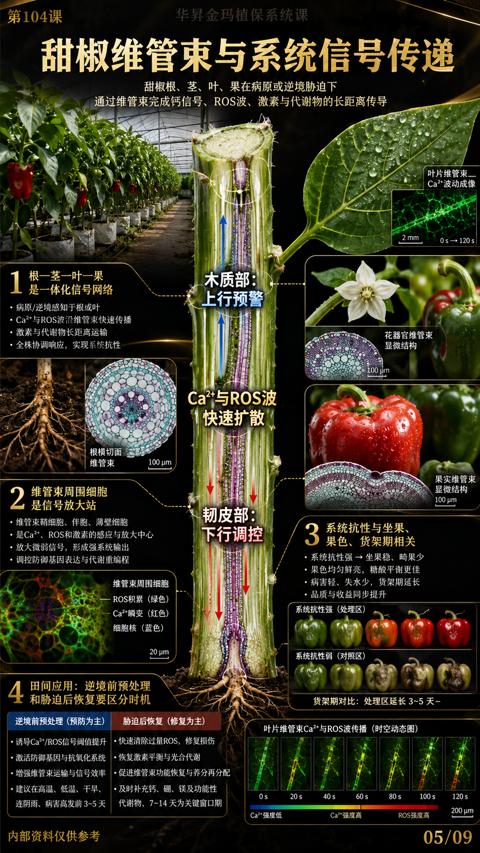 甜椒维管束与系统信号传递（通过维管束完成钙信号、ROS波、激素与代谢物的长距离传导）｜华昇金玛植保系统课技术图