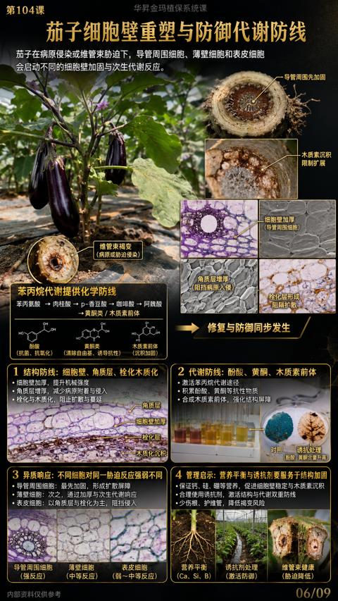 茄子细胞壁重塑与防御代谢防线（茄子在病原侵染或维管束胁迫下，导管周围细胞、薄壁细胞和表皮细胞）｜华昇金玛植保系统课技术图