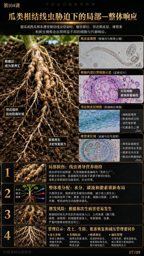 瓜类根结线虫胁迫下的局部一整体响应（甜瓜或西瓜根系遭受根结线虫侵染时，瘤状部位、邻近根皮层、维管束）｜华昇金玛植保系统课技术图