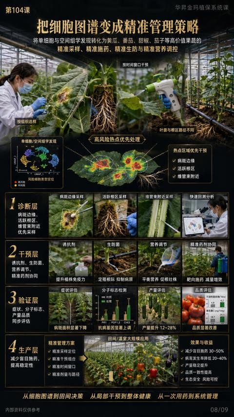把细胞图谱变成精准管理策略（将单细胞与空间组学发现转化为黄瓜、番茄、甜椒、茄子等高价值果蔬的）｜华昇金玛植保系统课技术图