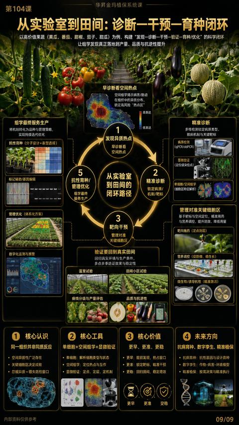 从实验室到田间：诊断一干预一育种闭环（以高价值果蔬（黄瓜、番茄、甜椒、茄子、甜瓜）为例，构建“发现一诊断一干预一验证一育种/优化”的科学闭环）｜华昇金玛植保系统课技术图