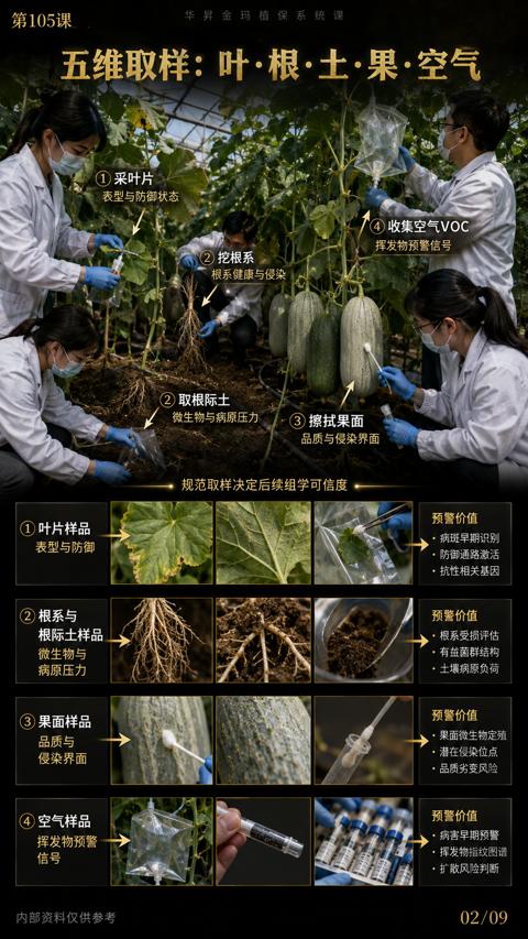 五维取样：叶•根 土 果 空气（规范取样决定后续组学可信度）｜华昇金玛植保系统课技术图