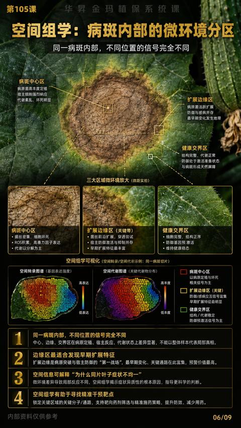 空间组学：病斑内部的微环境分区（中心、边缘、交界区在病原定殖、宿主反应、代谢状态上差异显著，不能以整体样本代表局部真相）｜华昇金玛植保系统课技术图