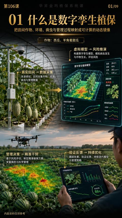 01 什么是数字孪生植保（把田间作物、环境、病虫与管理过程映射成可计算的动态镜像）｜华昇金玛植保系统课技术图