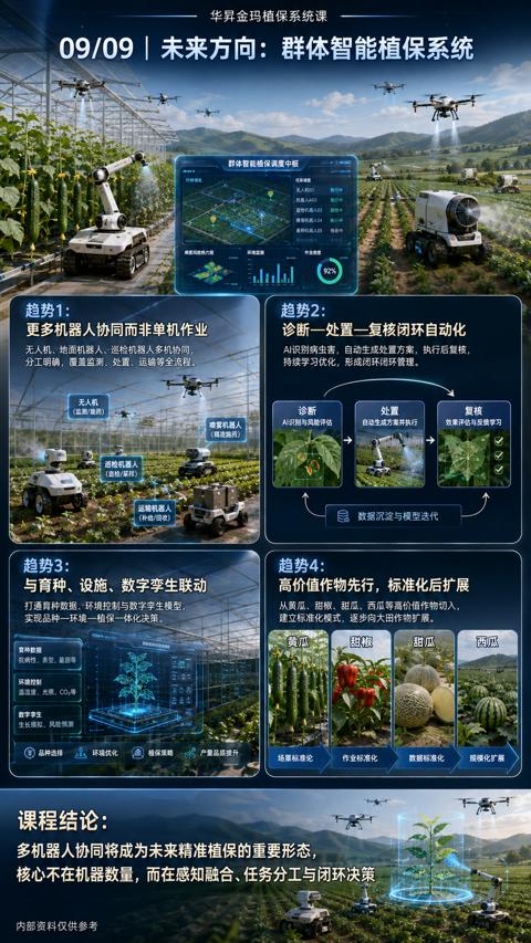 09/09 | 未来方向：群体智能植保系统（核心不在机器数量，而在感知融合、任务分工与闭环决策）｜华昇金玛植保系统课技术图