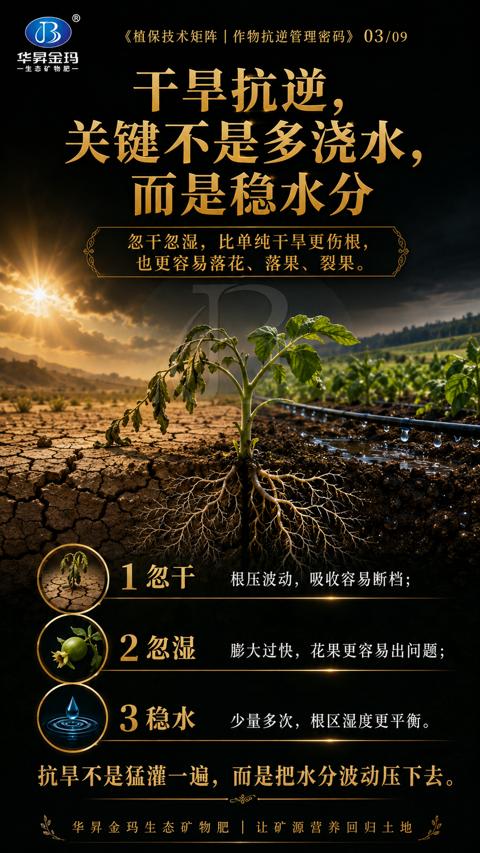 干早抗逆（抗早不是猛灌一遍，而是把水分波动压下去）｜华昇金玛植保系统课技术图
