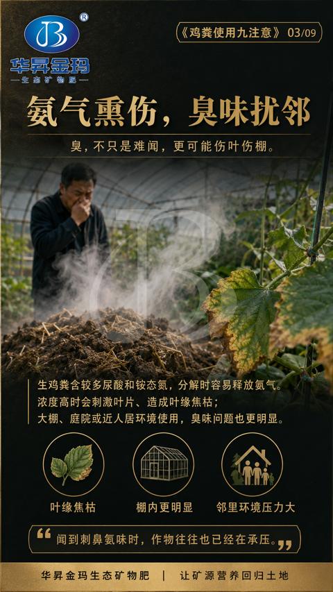 氨气熏伤，臭味扰邻（生鸡粪含较多尿酸和铵态氮，分解时容易释放氨气）｜华昇金玛植保系统课技术图
