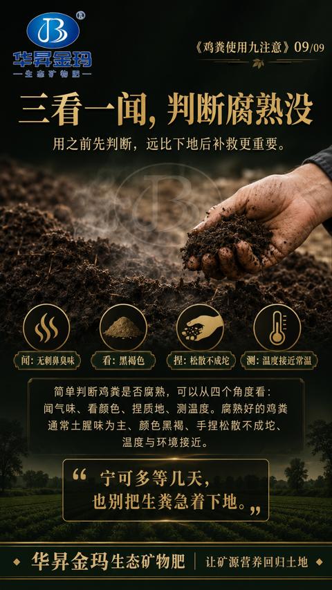 三看一闻，判断腐熟没（闻气味、看颜色、捏质地、测温度。腐熟好的鸡粪）｜华昇金玛植保系统课技术图
