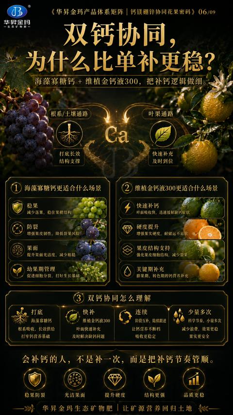 双钙协同（海藻寡糖钙＋维植金钙液300，把补钙逻辑做细）｜华昇金玛植保系统课技术图