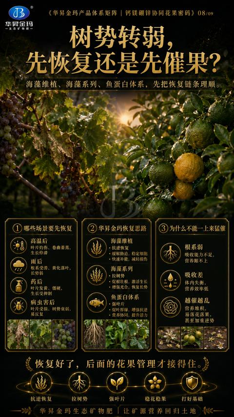 先恢复还是先催果（海藻维植、海藻系列、鱼蛋白体系，先把恢复链条理顺）｜华昇金玛植保系统课技术图