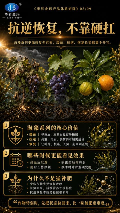 抗逆恢复，不靠硬扛（海藻系列更像修复型营养，缓苗、抗逆、恢复长势都离不开它）｜华昇金玛植保系统课技术图