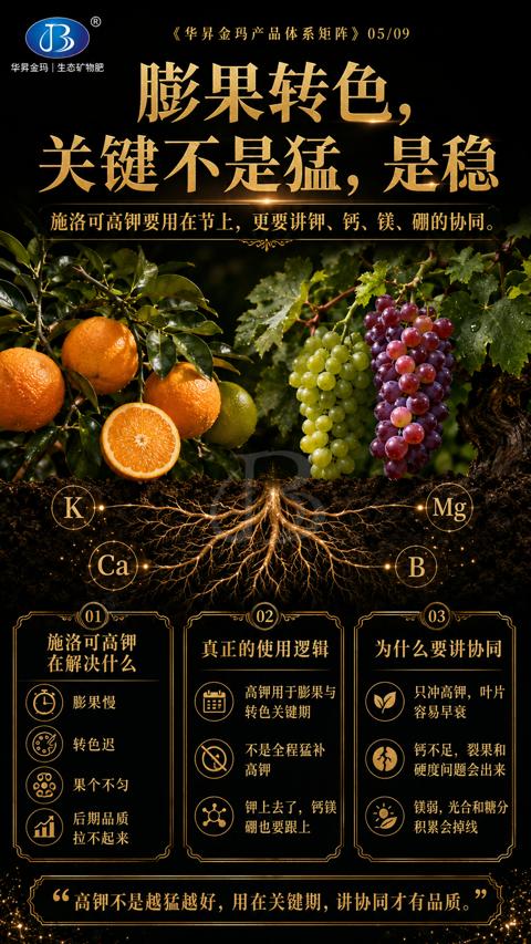 膨果转色（施洛可高钾要用在节上，更要讲钾、钙、镁、硼的协同）｜华昇金玛植保系统课技术图