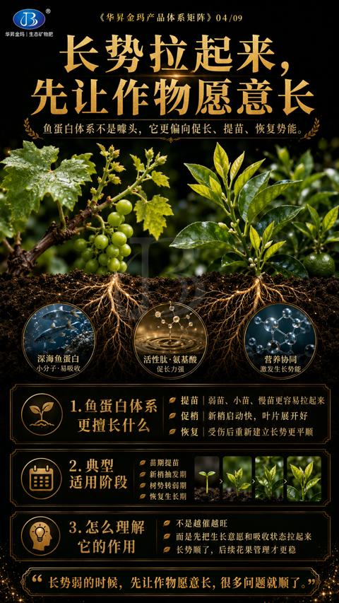长势拉起来（鱼蛋白体系不是噱头，它更偏向促长、提苗、恢复势能）｜华昇金玛植保系统课技术图