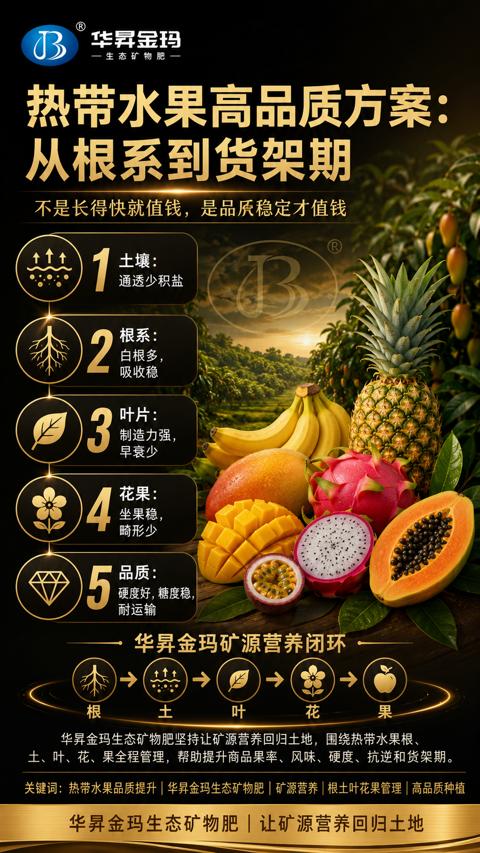 热带水果高品质方案（土、叶、花、果全程管理，帮助提升商品果率、风味、硬度、抗逆和货架期）｜华昇金玛植保系统课技术图