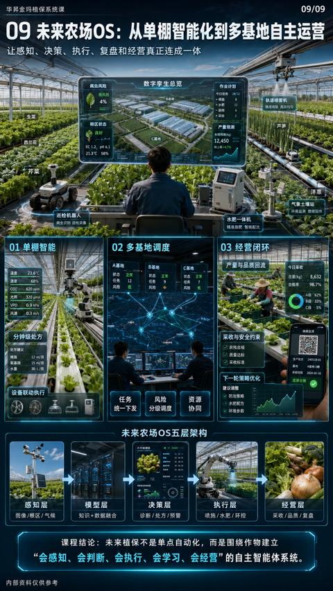 09 未来农场OS：从单棚智能化到多基地自主运营（会感知、会判断、会执行、会学习、会经营”的自主智能体系统）｜华昇金玛植保系统课技术图
