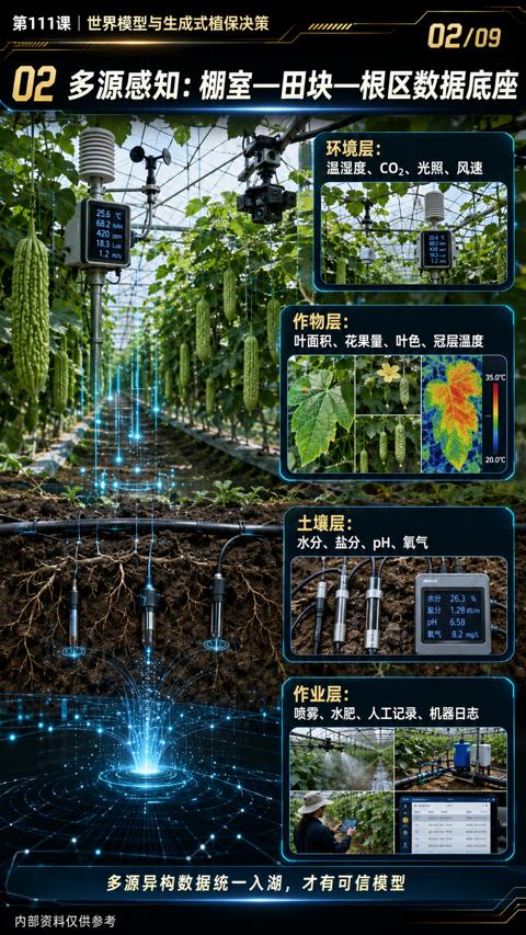 02 多源感知：棚室一田块一根区数据底座（多源异构数据统一入湖，才有可信模型）｜华昇金玛植保系统课技术图