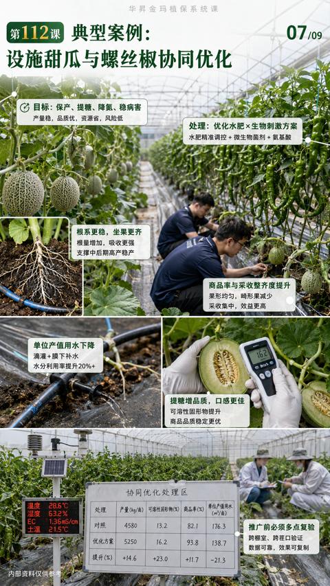设施甜瓜与螺丝椒协同优化（产量稳，品质优，资源省，风险低）｜华昇金玛植保系统课技术图