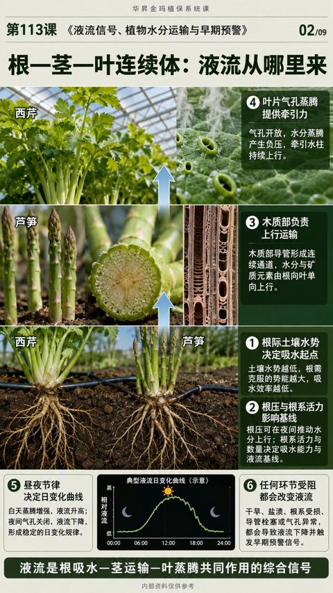 根一茎一叶连续体：液流从哪里来（液流是根吸水一茎运输一叶蒸腾共同作用的综合信号）｜华昇金玛植保系统课技术图