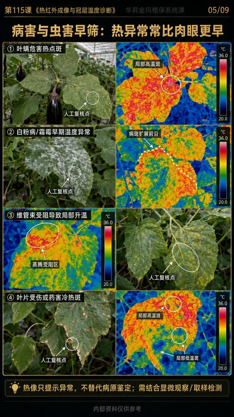 病害与虫害早筛：热异常常比肉眼更早（热像只提示异常，不替代病原鉴定；需结合显微观察/取样检测）｜华昇金玛植保系统课技术图