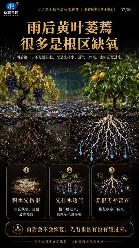 雨后黄叶萎蔫（雨后第一步不是猛补肥，而是先排水、透气、养根，让根区缓过来）｜华昇金玛植保系统课技术图