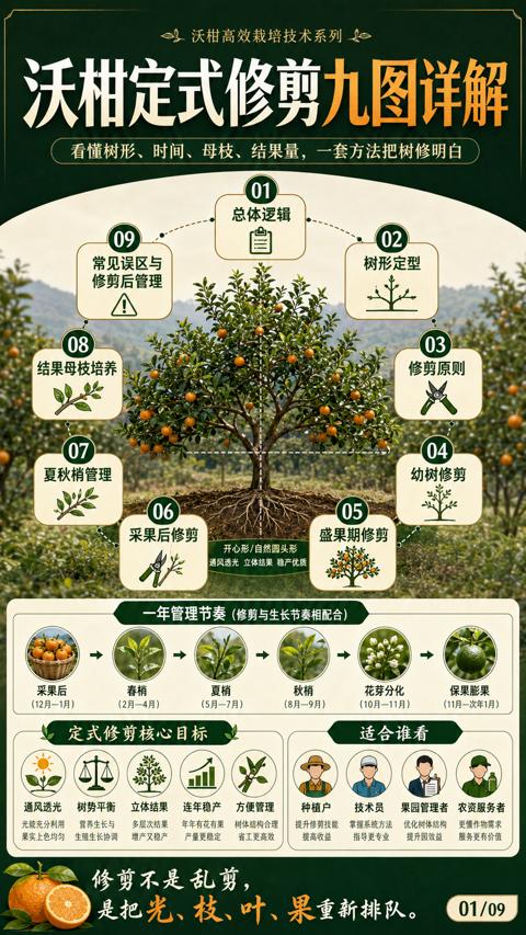 沃柑定式修剪九图详解（看懂树形、时间、母枝、结果量，一套方法把树修明白）｜华昇金玛植保系统课技术图