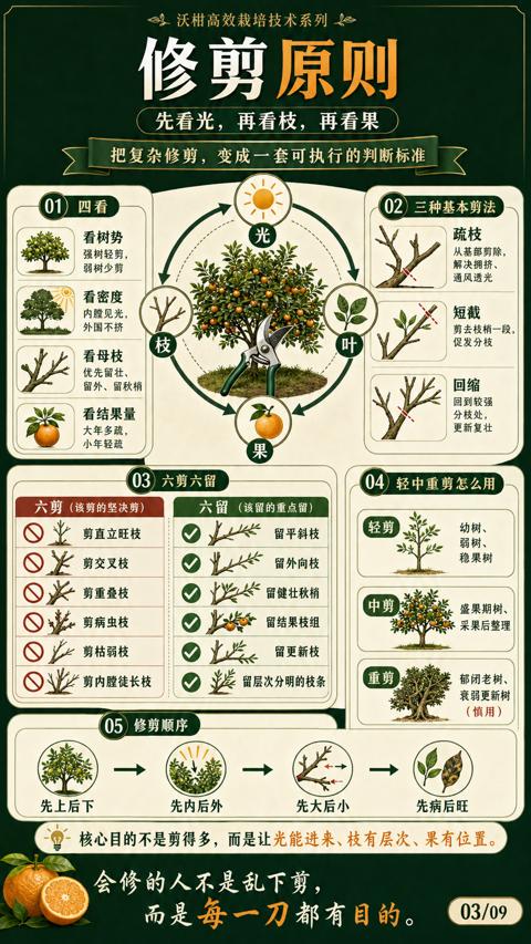 修剪原则（核心目的不是剪得多，而是让光能进来、枝有层次、果有位置）｜华昇金玛植保系统课技术图