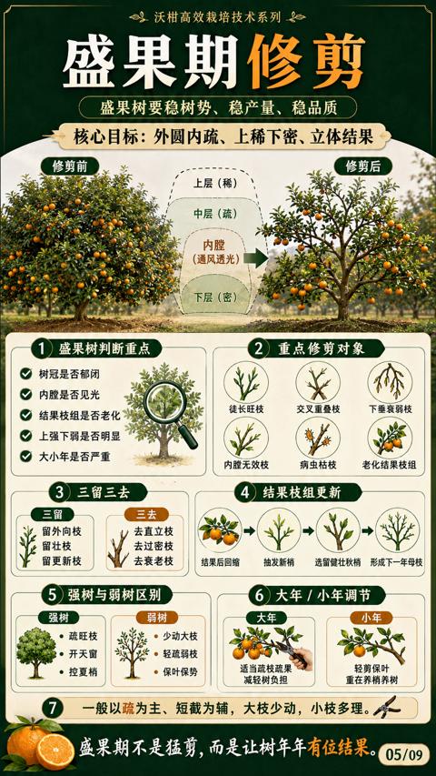 盛果期修剪（一般以疏为主、短截为辅，大枝少动，小枝多理）｜华昇金玛植保系统课技术图
