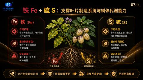铁 Fe+硫S：支撑叶片制造系统与树体代谢能力（参与叶绿素形成、电子传递）｜华昇金玛植保系统课技术图