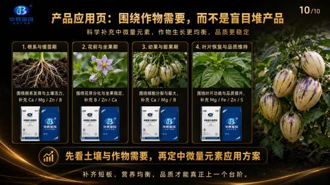 产品应用页：围绕作物需要，而不是盲目堆产品（科学补充中微量元素，作物生长更均衡，品质更稳定）｜华昇金玛植保系统课技术图