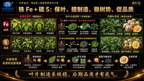 铁Fe+硫S：保叶、提制造、稳树势、促品质（Fe 参与叶绿素形成、电子传递与呼吸作用）｜华昇金玛植保系统课技术图
