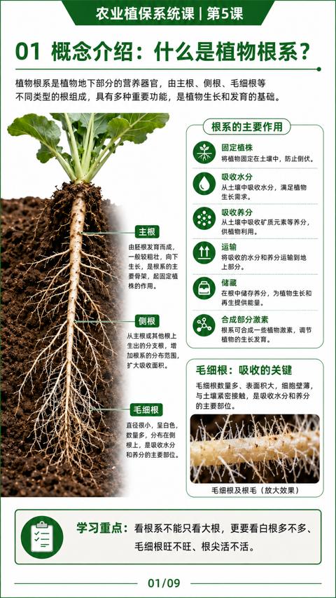 01 概念介绍：什么是植物根系（不同类型的根组成，具有多种重要功能，是植物生长和发育的基础）｜华昇金玛植保系统课技术图