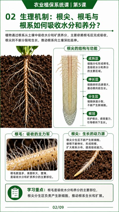 根系如何吸收水分和养分（植物通过根系从土壤中吸收水分和矿质养分，主要依赖根毛区完成吸收）｜华昇金玛植保系统课技术图