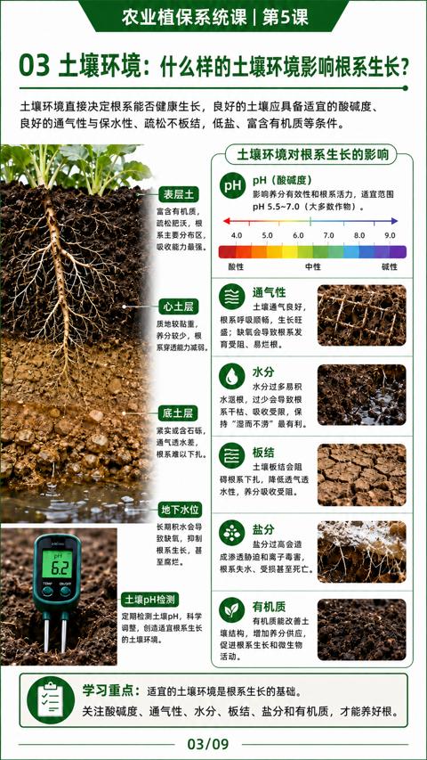 03 土壤环境：什么样的土壤环境影响根系生长（土壤环境直接决定根系能否健康生长，良好的土壤应具备适宜的酸碱度）｜华昇金玛植保系统课技术图