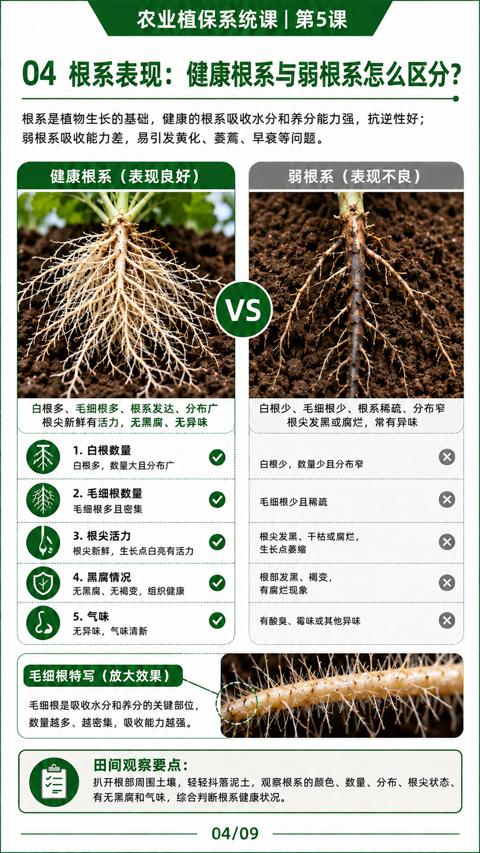04 根系表现：健康根系与弱根系怎么区分（根系是植物生长的基础，健康的根系吸收水分和养分能力强，抗逆性好）｜华昇金玛植保系统课技术图
