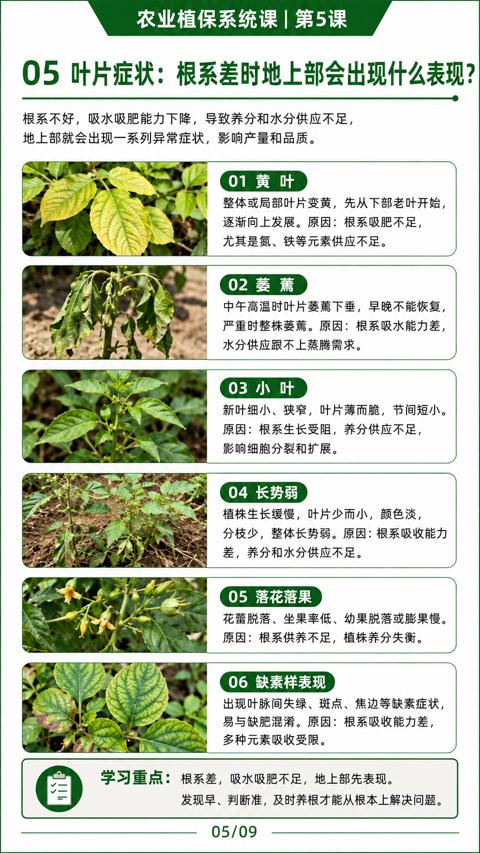 05 叶片症状：根系差时地上部会出现什么表现（根系不好，吸水吸肥能力下降，导致养分和水分供应不足）｜华昇金玛植保系统课技术图