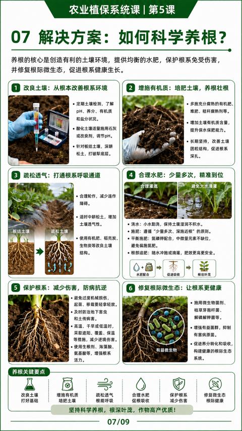 07 解决方案：如何科学养根（养根的核心是创造有利的土壤环境，提供均衡的水肥，保护根系免受伤害）｜华昇金玛植保系统课技术图