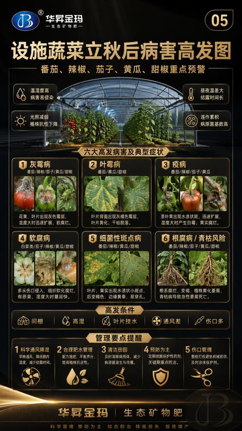 设施蔬菜立秋后病害高发图（番茄、辣椒、茄子、黄瓜、甜椒重点预警）｜华昇金玛植保系统课技术图