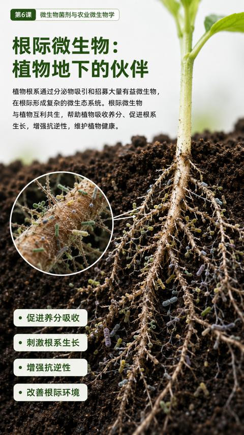 根际微生物（植物根系通过分泌物吸引和招募大量有益微生物）｜华昇金玛植保系统课技术图