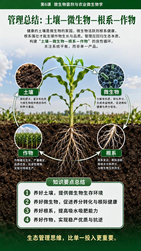管理总结：土壤一微生物一根系一作物（根系强壮才能支撑作物生长与品质。管理应回归生态本质）｜华昇金玛植保系统课技术图