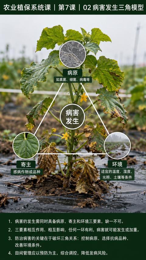 农业植保系统课 |第7课|02病害发生三角模型（1. 病害的发生需同时具备病原、寄主和环境三要素，缺一不可）｜华昇金玛植保系统课技术图
