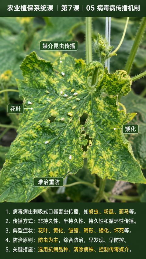 农业植保系统课 |第7课|05 病毒病传播机制（1.病毒病由刺吸式口器害虫传播，如蚜虫、粉虱、蓟马等）｜华昇金玛植保系统课技术图