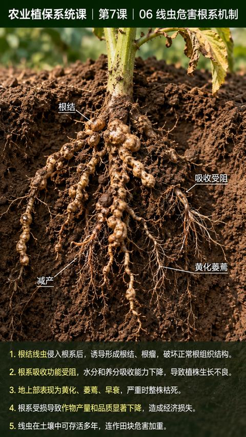 农业植保系统课 |第7课|06 线虫危害根系机制（1.根结线虫侵入根系后，诱导形成根结、根瘤，破坏正常根组织结构）｜华昇金玛植保系统课技术图