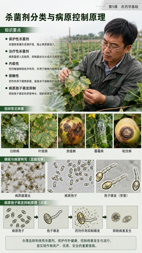 杀菌剂分类与病原控制原理（合理选择和使用杀菌剂，保护作物健康，控制病害发生与流行）｜华昇金玛植保系统课技术图