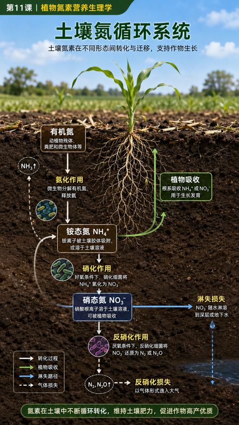 土壤氮循环系统（氮素在土壤中不断循环转化，维持土壤肥力，促进作物高产优质）｜华昇金玛植保系统课技术图