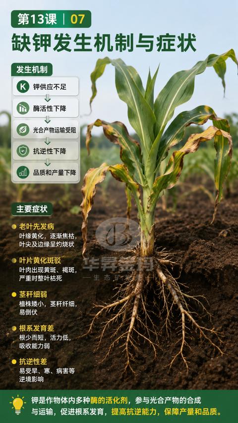 缺钾发生机制与症状（与运输，促进根系发育，提高抗逆能力，保障产量和品质）｜华昇金玛植保系统课技术图