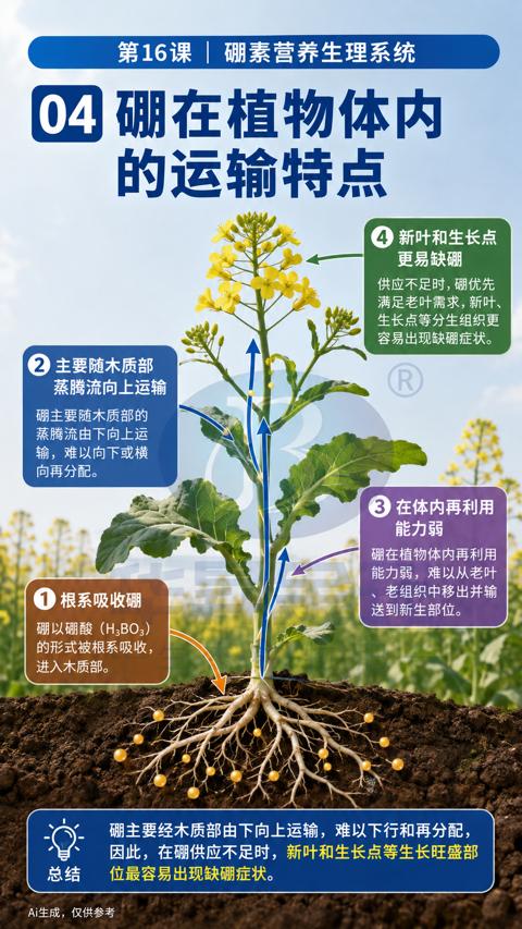 的运输特点（硼主要经木质部由下向上运输，难以下行和再分配）｜华昇金玛植保系统课技术图