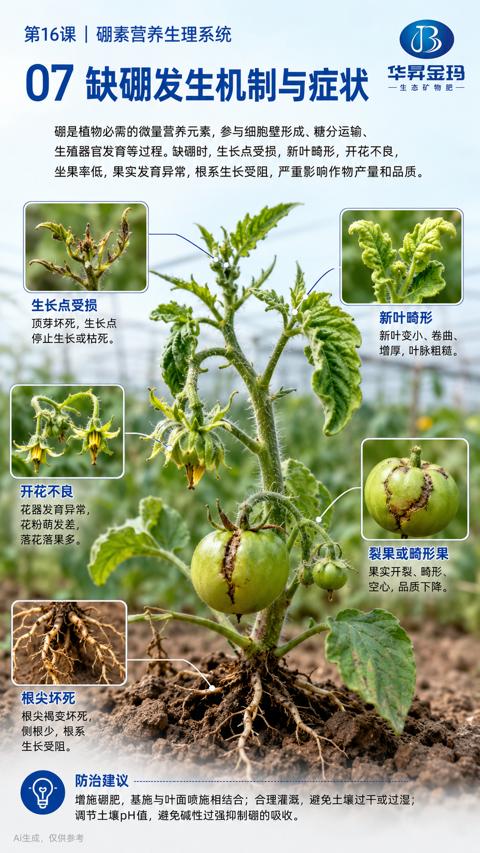 07 缺硼发生机制与症状（生殖器官发育等过程。缺硼时，生长点受损，新叶畸形，开花不良）｜华昇金玛植保系统课技术图
